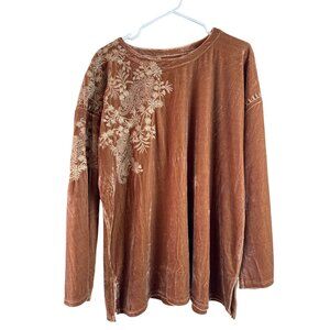 Time For Me Velvet Embroidered Floral Paisley Rust Orange Top XL Boho Hippie